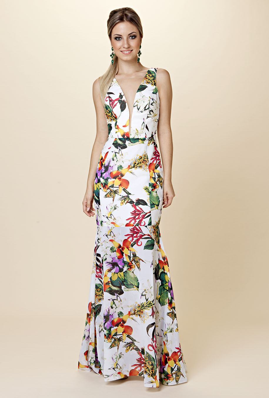 vestidos longos com barrado floral