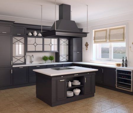 Interior of classic black kitchen. 3d render. Photo behind the window was made by me. This is Gelendzhik, Krasnodar Territory.