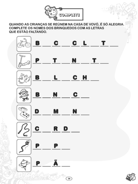 atividades de alfabetização para imprimir Complete as palavras