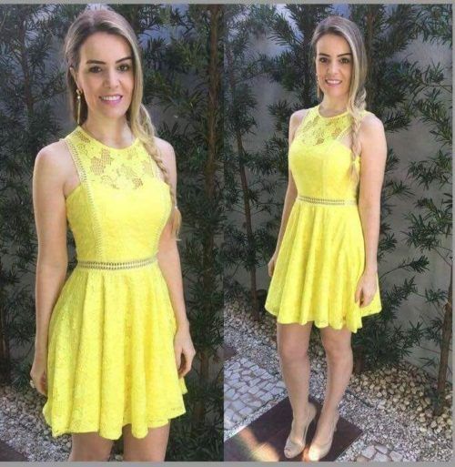 vestido amarelo curto de renda