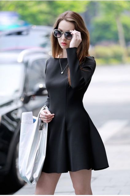 vestido rodado preto manga longa